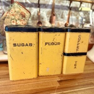 Vintage Yellow Metal Kitchen Canister Set - Sugar, Flour, Tea, Coffee
